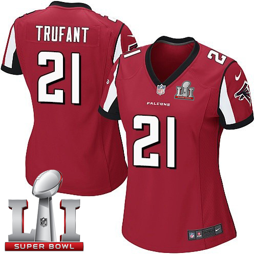 Nike Falcons #21 Desmond Trufant Red Team Color Super Bowl LI 51 Women's Stitched NFL Elite Jersey - Click Image to Close